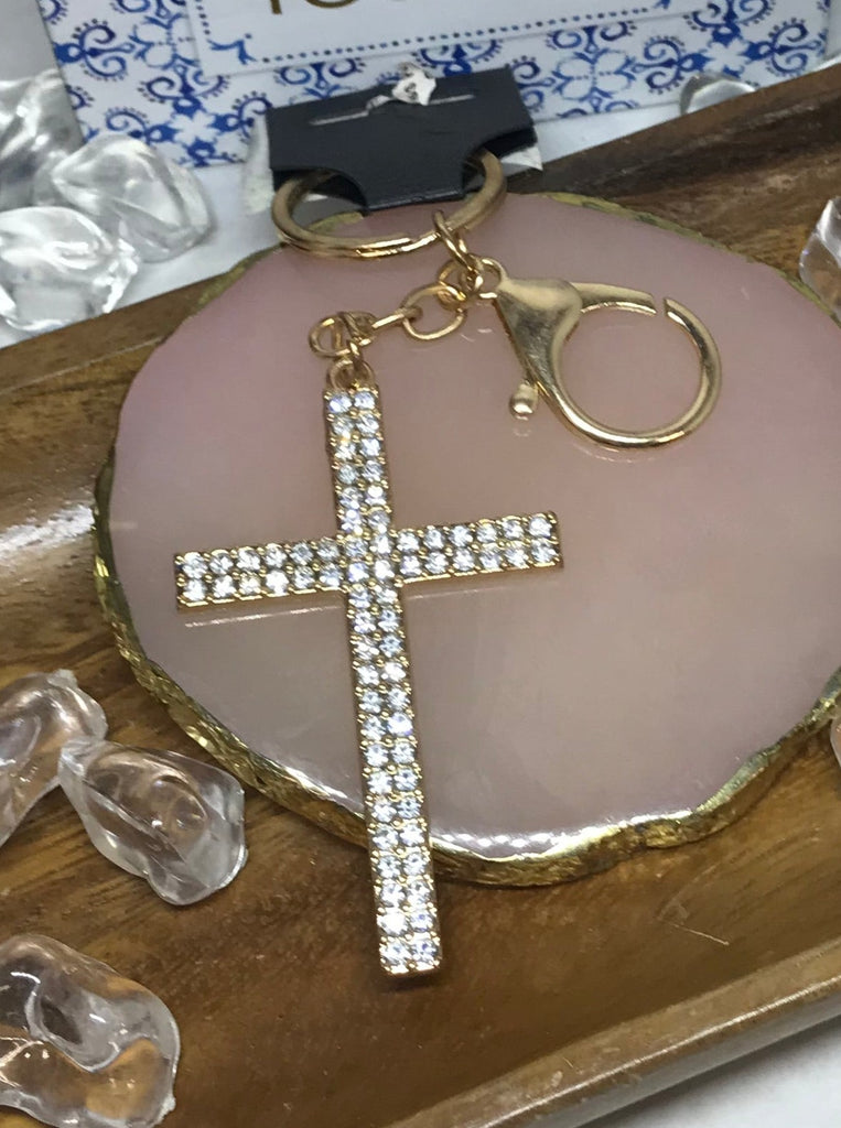 gold diamond studded cross keychain