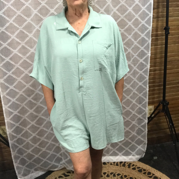 Mint Green button up romper and pockets