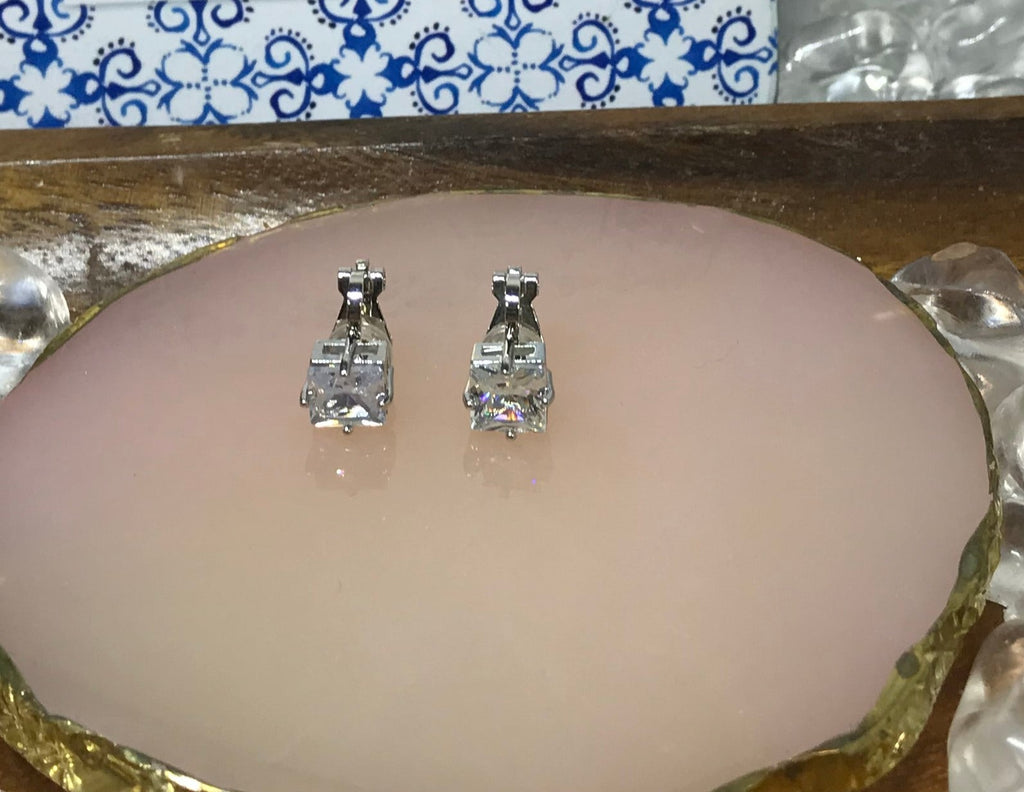 Clip On Earrings: Clear Crystal Cubes Silver