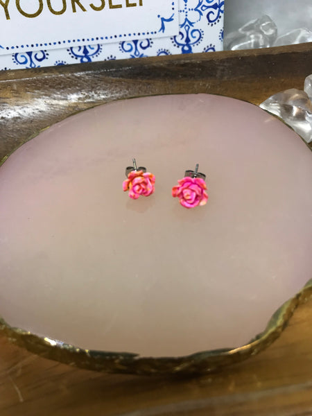 Bright Pink and Orange Rose Earrings