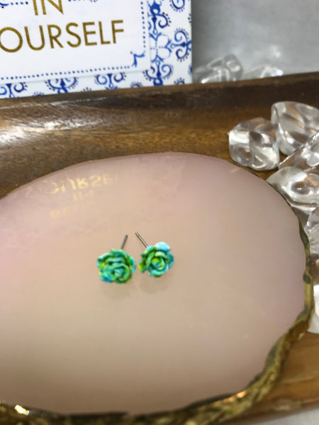 Bright Blue and Green Rose Earrings
