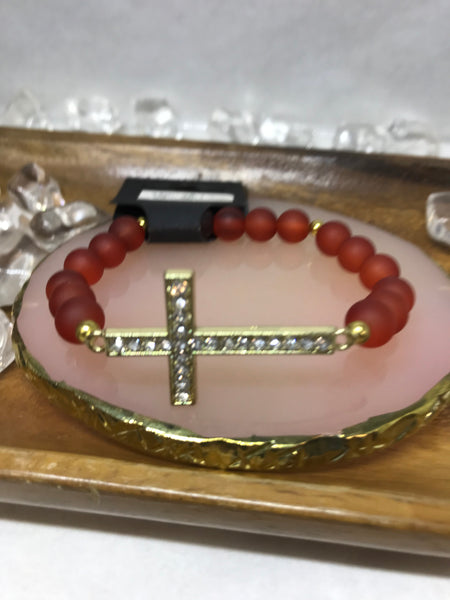 Red Beaded Bracelet with Large Gold Cross Charm