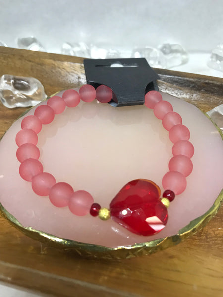 Pink Beaded Bracelet with Red Heart Charm