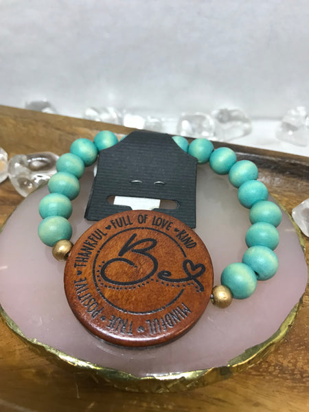 Teal Beaded Bracelet with Big Circle Wood Charm with " Be Kind Full of Love Thankful Positive True Mindful" on It