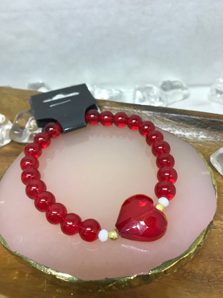 Red Beaded Bracelet with Red Heart Charm