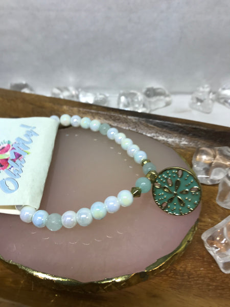 White Marble Beaded Bracelet with Teal Sand Dollar Charm