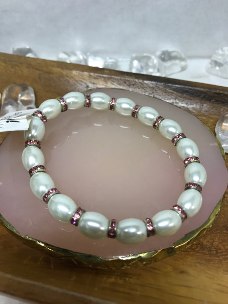 White Pearl Beaded Bracelet with Pink Sparkle Beads