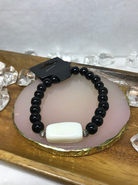 Black Beaded Bracelet with A Large White Rectangle Bead
