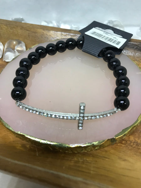 Black Beaded Bracelet with Silver Cross