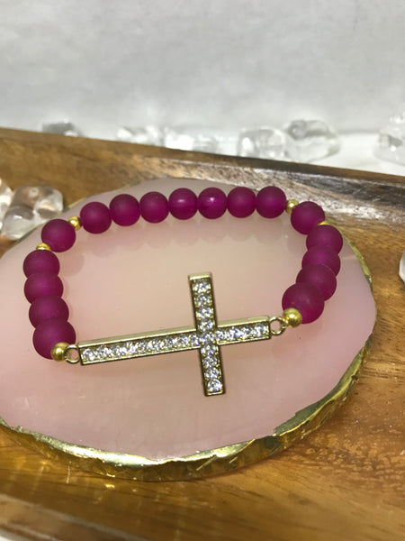 Pink Beaded Bracelet with Gold Cross Charm