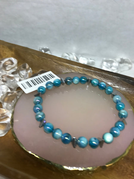 Cyan Beaded Bracelet with Silver Triangle Beads