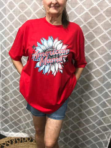 Red T-Shirt with a patriotic sunflower and the words "American Mama" on it