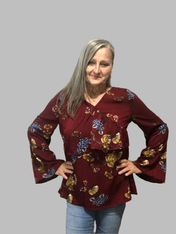 Burgundy Bell Sleeve Floral Top