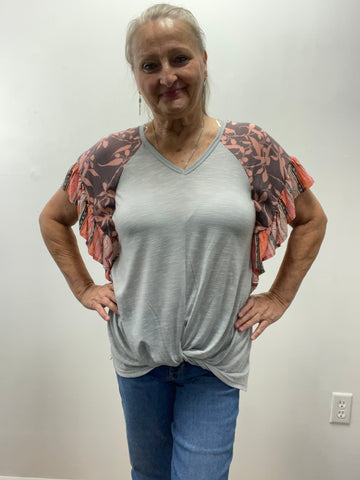 GiGiO Small Gray Floral Sleeves with front Knot Top