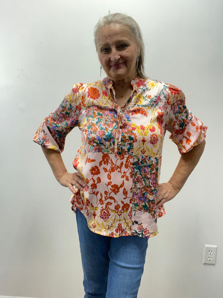 JoDi FL Floral Tops-Oranges tie neck with elastic wrist 