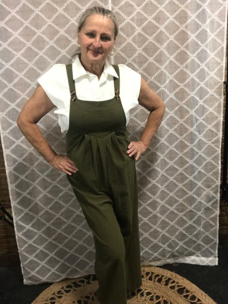 Wide Leg Jumper Overalls w/Front Pocket-Hunter Green