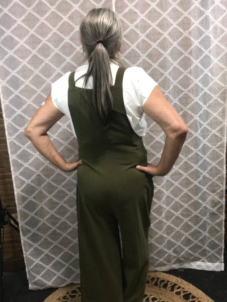 Wide Leg Jumper Overalls w/Front Pocket-Hunter Green