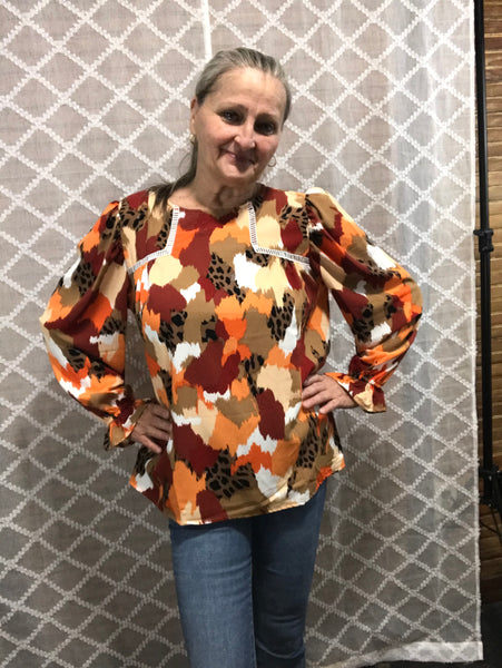 Leopard and Different Colors Splattered Shirt-Orange/Red