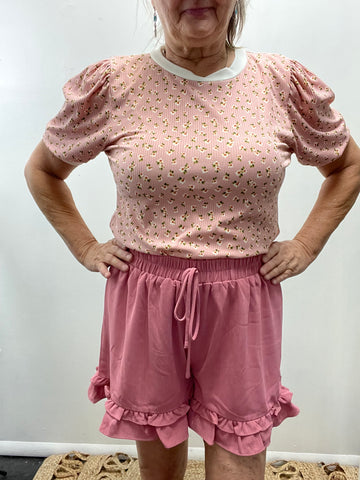 I Love- skorts w/tie & Ruffle Bottom-Rose
