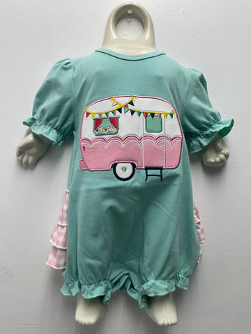 Mint green baby romper with pink embroidered camper, gingham ruffle sides, and puff sleeves displayed on a mannequin.