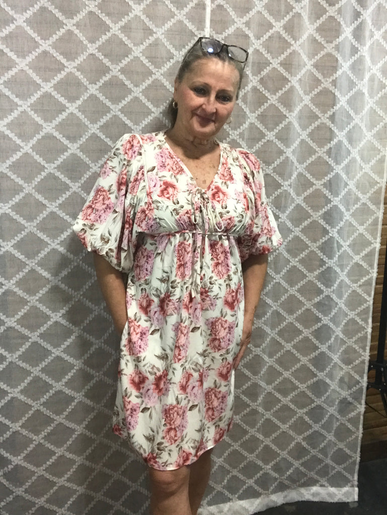 Floral Print Balloon Sleeve Dress w/Pockets