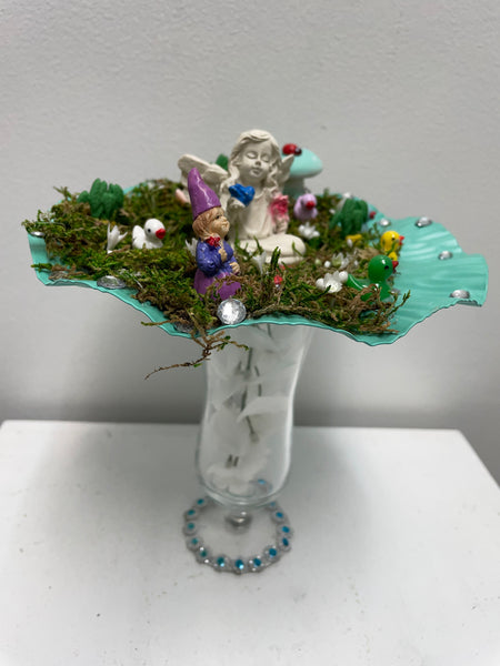 Home Decor w/cups & Sauciers-Glass w/flower topped with green dish with white angel and gnome