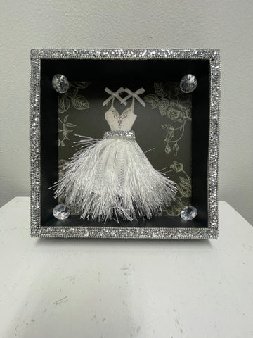 Black Frame w/white dress w/rhinestones on frame home decor