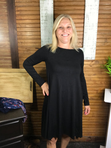 Light Weight Long Sleeve Dress w/Pockets-Black