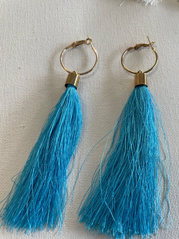 Gold Hoop w/Long Tassell Earrings-teal