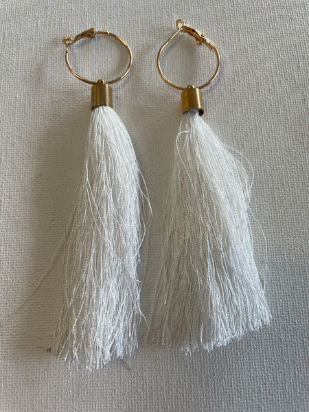Gold Hoop w/Long Tassell Earrings-white