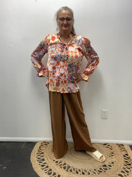 Wide Leg Elastic Waist Pants-brown