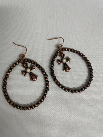 Cross Beaded Earrings-Copper with white stone in cross 