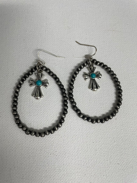 Cross Beaded Earrings-Pewter with turquoise stone in silver cross