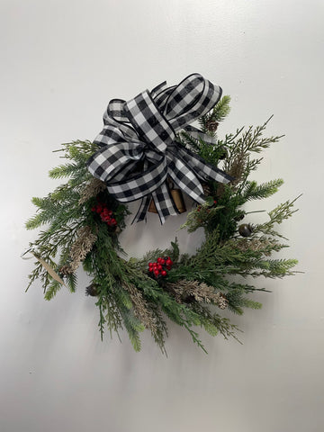 Christmas Natural Wreath w/Black & White checkered bow