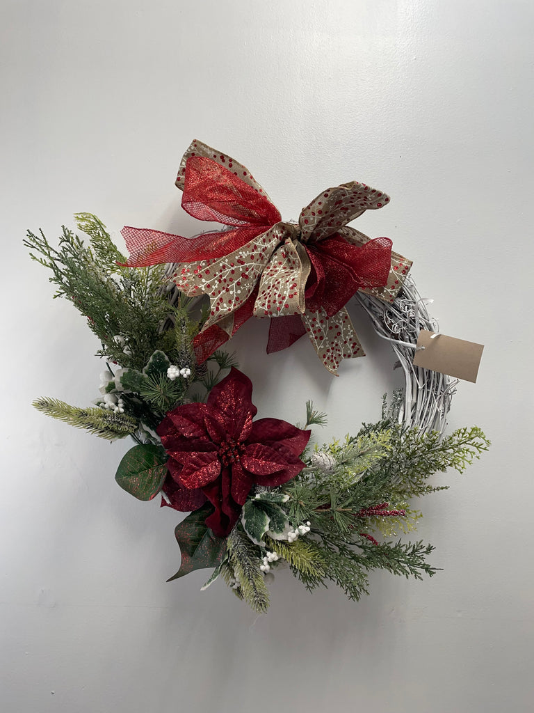 Christmas White Wreath w/Red Poinsettias & Grapevine