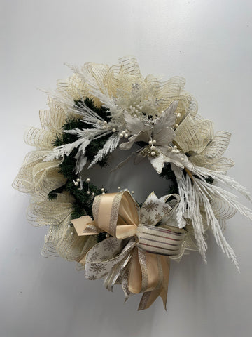 Christmas White Poinsettias Wreath on Round Pine