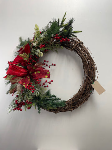 Christmas Wreath  Red & Green Polka Dot Ribbon w/Grapevine