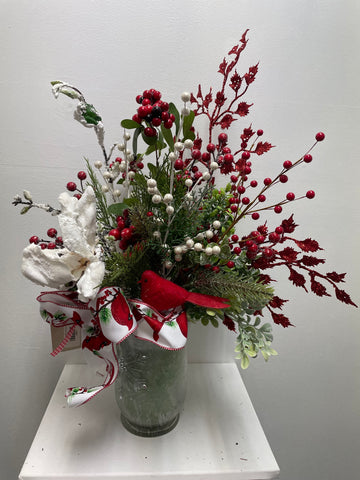Christmas Vase w/snowflake & Holly Decor w/Red bird Ribbon