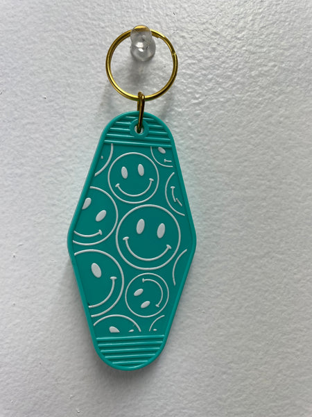 3 1/2" x 2" Keychains- smiley faces-green