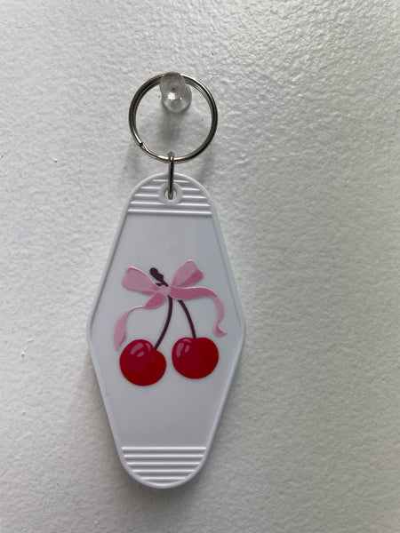 3 1/2" x 2" Keychains- white w/cherry & Bow