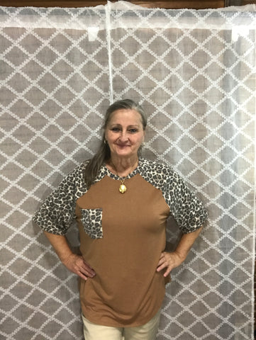 Leopard Sleeve and Pocket Shirt-Camel