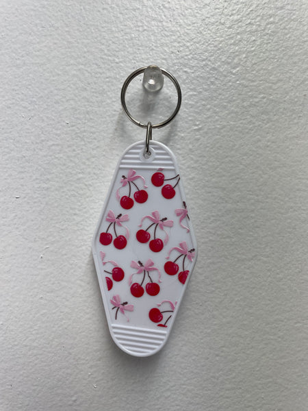 3 1/2" x 2" Keychains- White w/cherries w/bows