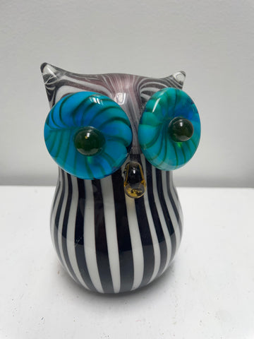 Glass Owl Paper Weight-black white stripe Green eyes