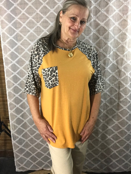 Leopard Sleeve and Pocket Shirt-Mustard