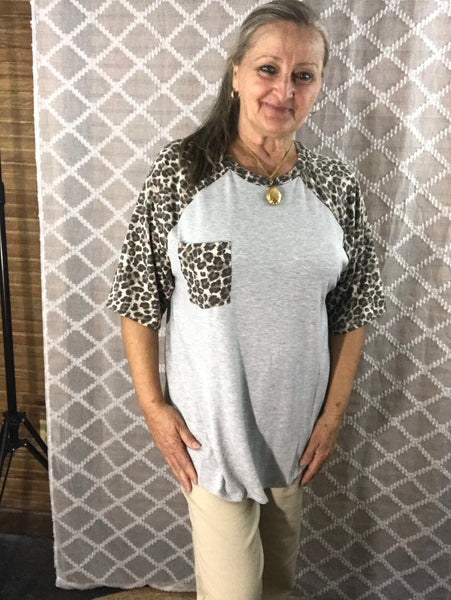 Leopard Sleeve and Pocket Shirt-Light Gray