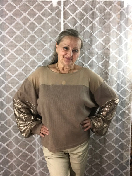 Tan Waffle Knit w/Mesh and Sequins