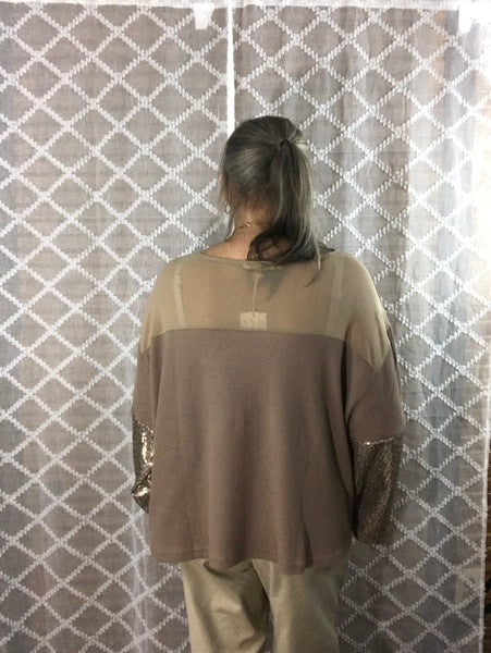 Tan Waffle Knit w/Mesh and Sequins