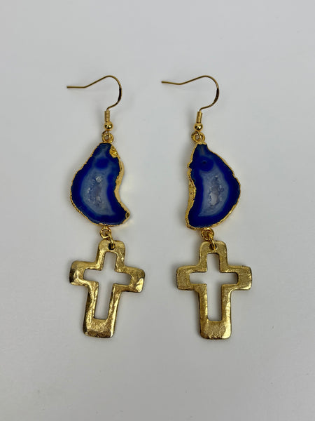 Natural stone earrings-Blue Stone w/cross