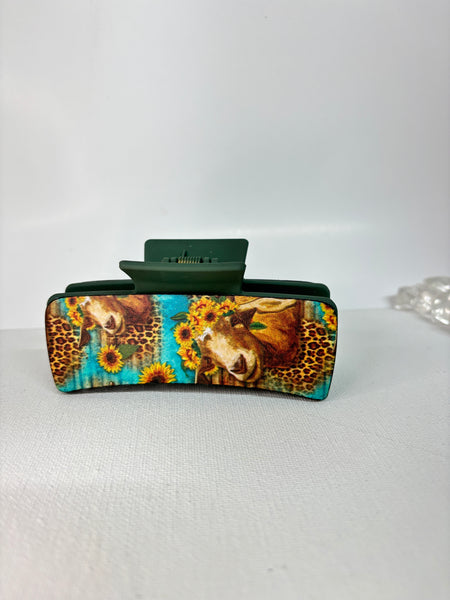 Hair clips-Goat w/sunflowers leopard tan 