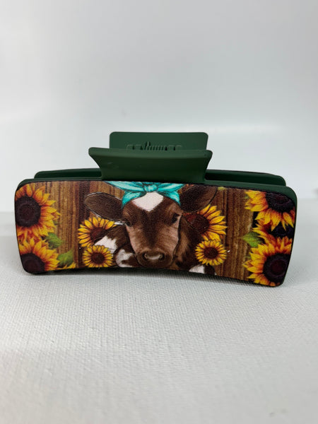 Hair clips-Baby Calf w/sunflowers Brown Yellow